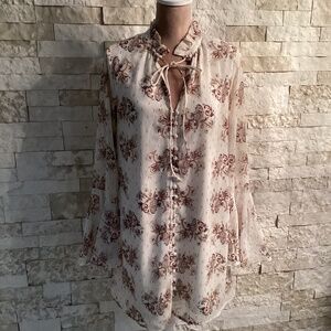 Applause Ivory Multi Print Flounce Sleeve Button-Front Dress